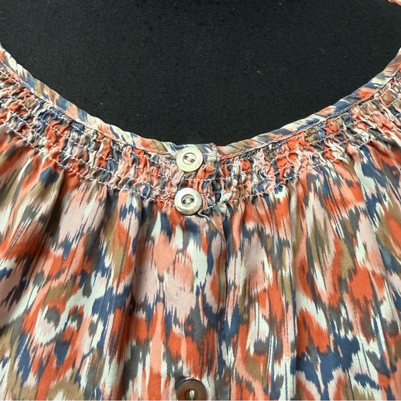 Sundance Silk Boho Blouse Orange Blue Ikat Peasant Top Large Button Front - Picture 3 of 8